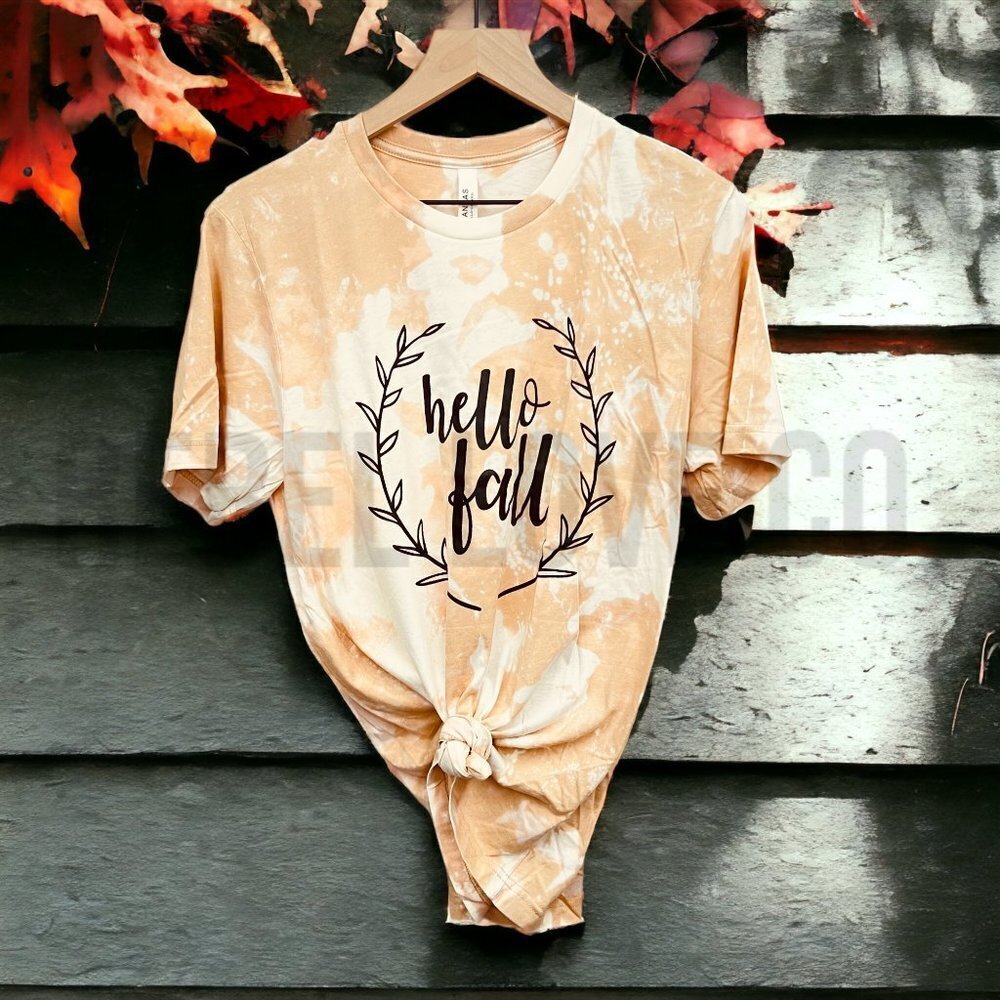 Hello Fall Tie Dye, Bleach Dye T Shirt Handmade Size Large